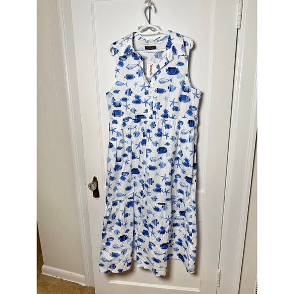Rachel Zoe Dress Tiered Maxi Fish Beach Ocean Nautical Vacation Resort XL NEW - Picture 1 of 7